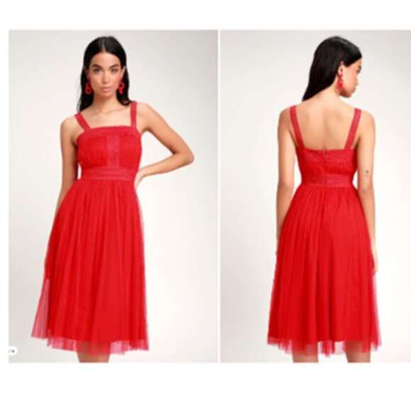 LuLu's Mesh Midi Dress Swiss Dot Lace Crochet Chiffon Overlay - Picture 4 of 16